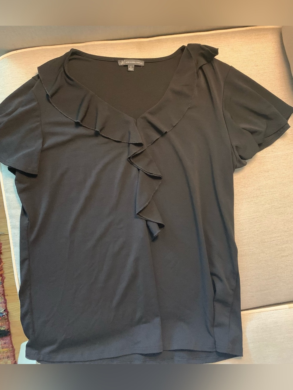 Adrianna Papell Black Ruffled V-Neck Short Sleeve Blouse